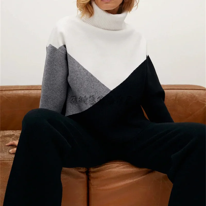 

Women's Sweater High Neck Pullover Commuter Women's Plaid Loose Women Crop Sweater Knitted Sweater 2023 Autumn Winter Stitching
