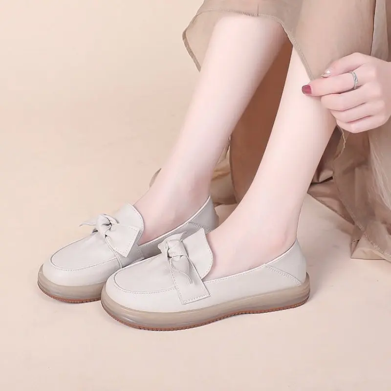 2024 Fashion comfort Women Genuine Cow Leather Flat Shoes Round Toe Bowknot Slip on Ladies Flats Handmade Casual simple
