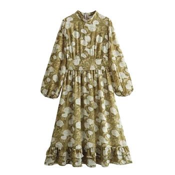 YENKYE Spring 2024 Women Floral Print A-line Midi Dress Vintage Stand Collar Long Sleeve Hem Ruffle Ladies Holiday Vestidos 1