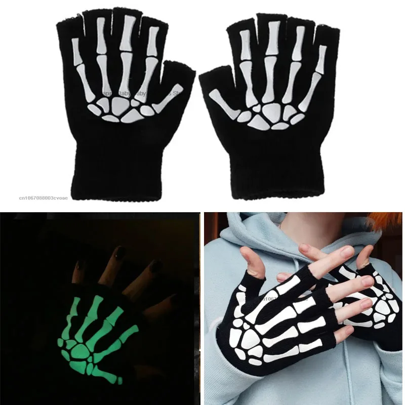 5-11T Kids Halloween Skeleton Skull Half Finger Luminous Punk Gloves Winter Skull Fingerless Black Mitten 1pair