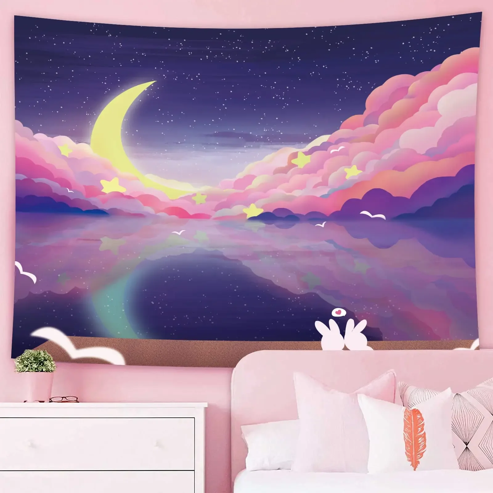 

Cute Moon Tapestry for Teen Girl Preppy Room Decor Aesthetic Wall Tapestry Hanging Kawaii Moon and Star Black Light Tapestry