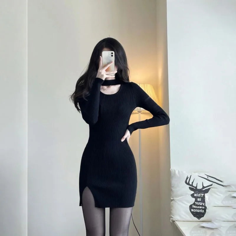 

Sweet Elastic Knit Sweater Dress Women Spring Summer New Fashion Waist Slim Spice Girls Long Sleeves Interior Bottoming Dresses