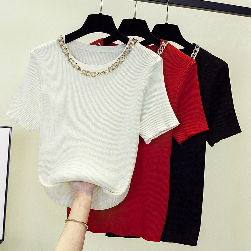 

M-4XL Spring Summer New Pure Wool Women's Round Neck Pullover Hollowed-Out Short Sleeve Loose Thin Bottom T-Top Korean Fashion
