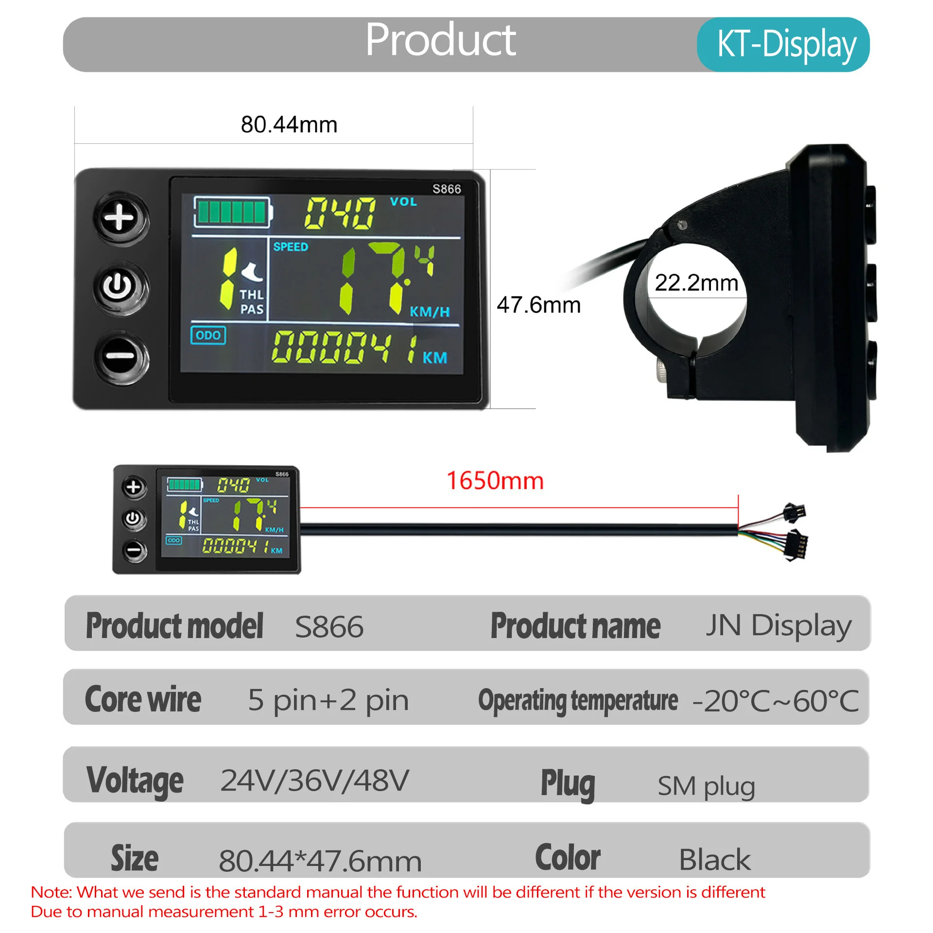 E-bike LCD S866 LCD color Display 24V/36V/48V ,  5+2Pin , Bracket Diameter: 22.2