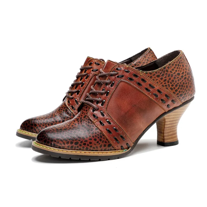 

Thick High Heels Pumps Women Mixed Colors Dot ZIP Lace Up Genuine Leather 6.8CM Square Heel Stitching Retro Women Shoes Brown