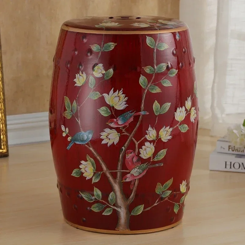 Ceramic Side Table Durable Drum Stool Hand painted Floral and Bird Coffee Table Classic Vanity Seat Suitable for Dining Room