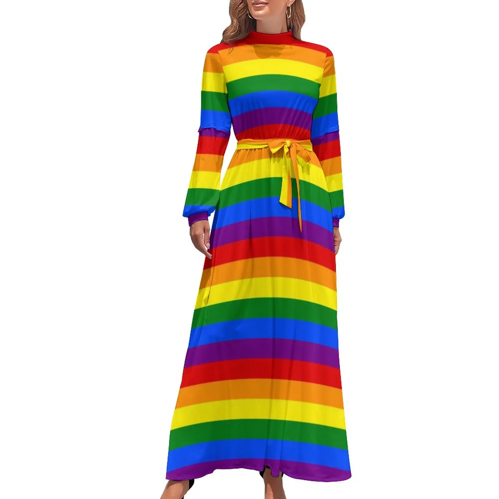 

Красочное Радужное платье с флагом, современное платье макси ЛГБТ с милым принтом, с высокой талией и длинным рукавом, уличная одежда, пляжные длинные платья