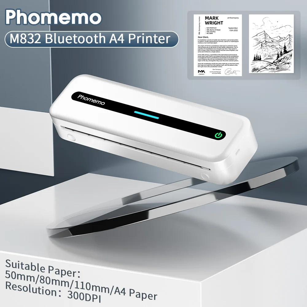 

Портативный беспроводной дорожный термопринтер Phomemo M832 с Bluetooth, термопринтер без чернил, поддержка A4, термобумага для телефона, ПК