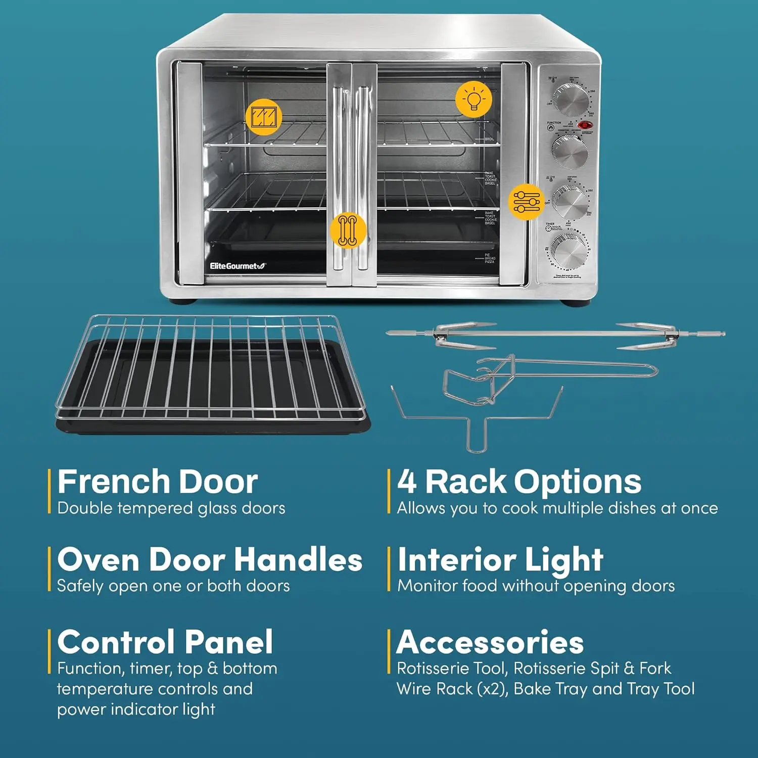 Elite Gourmet -French Door 47.5Qt, 18-Slice Convection Oven 4-Control Knobs, Bake Broil Toast Rotisserie Keep Warm, Inc 6