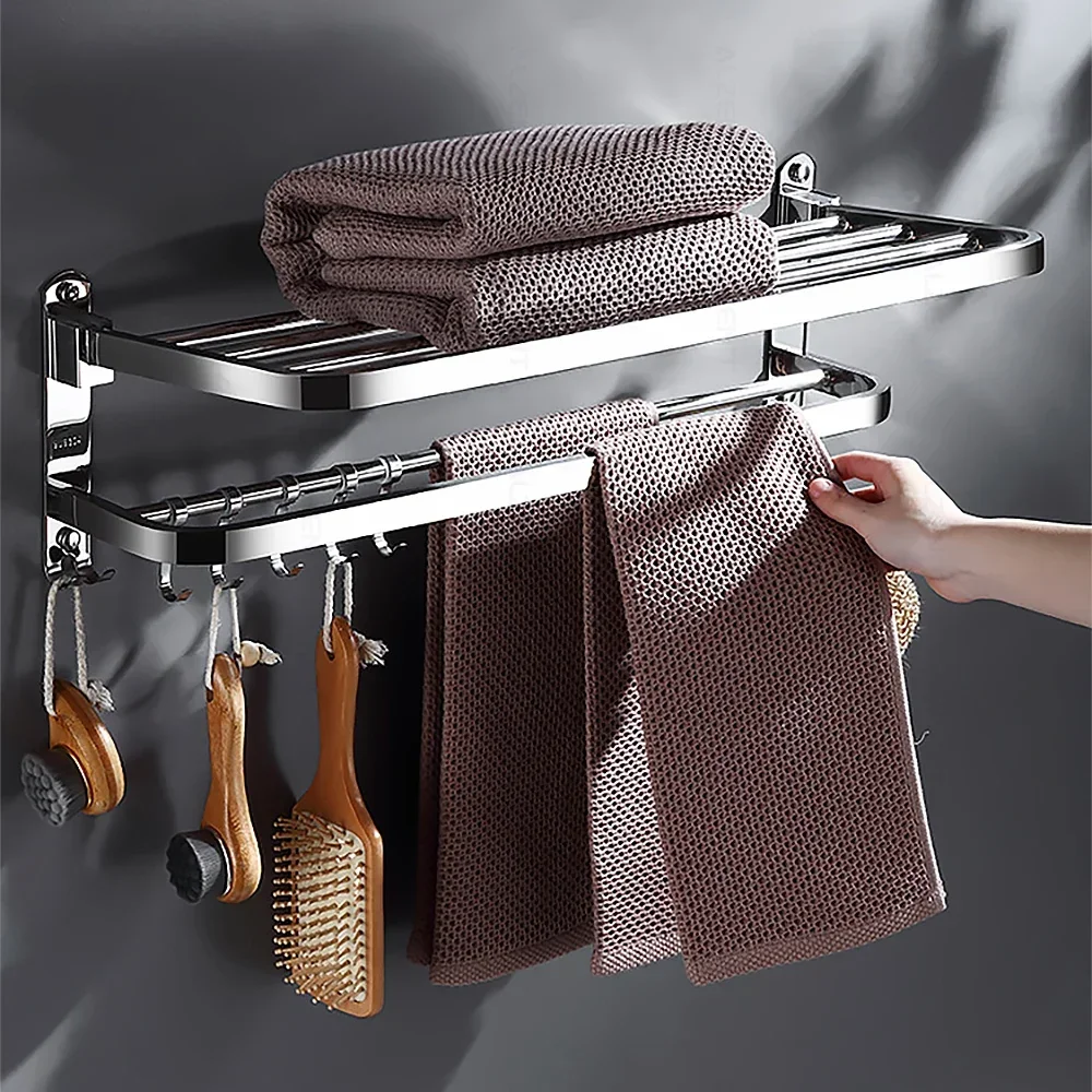 40-60CM Stainless Steel Towel Rack Moable Holder Hook Wall Mount Mirror Chrome Shelf Shower Rail Hanger Bar Bathroom Hardware Set