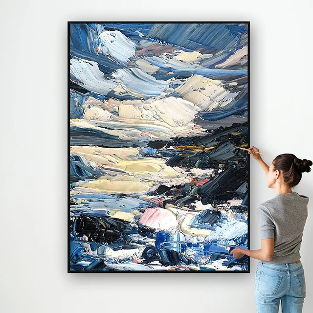 Vertical Canvas Wall Decor Hand Painted Oil Painting Large Modern Abstract Blue Wall Art Colorful Textured Paintings For Home