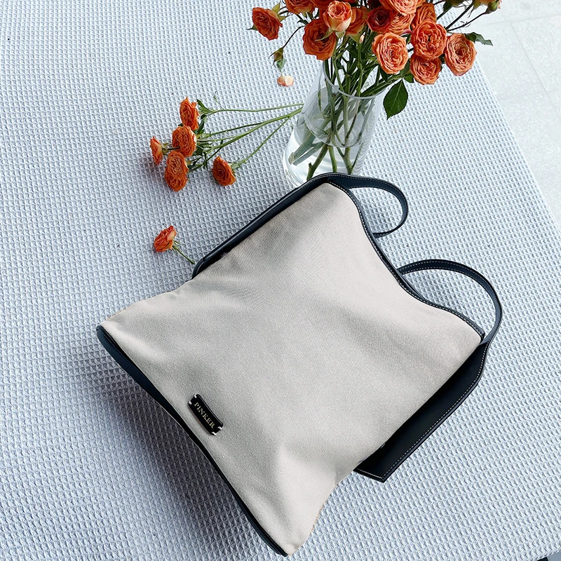 PINKER, featuring high-end design PU and canvas ear hanging tote bag, Korean style large capacity shoulder bag
