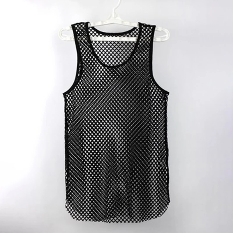 Mens Sexy Tank Top Transparent Mesh Undershirt Fishnet Vest String Sleeveless Shirts Male See Through Night Clubwear Slim Sport