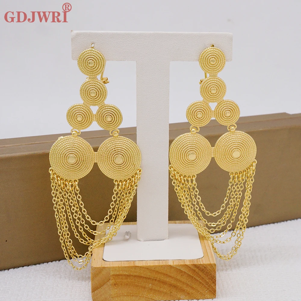 African Dubai Gold Color Luxury Large Drop Earring For Wedding Party Jewelry Arabic Indian Copper Long Earrings Tassel Pendant