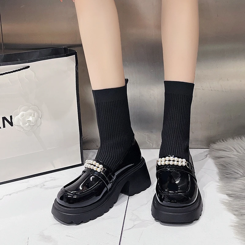 Aphixta Black 6.5cm High Heels Modern Boots Pearl Design Platform Ankle Boots Women Sock Boot Sweet Student botas mujer botines