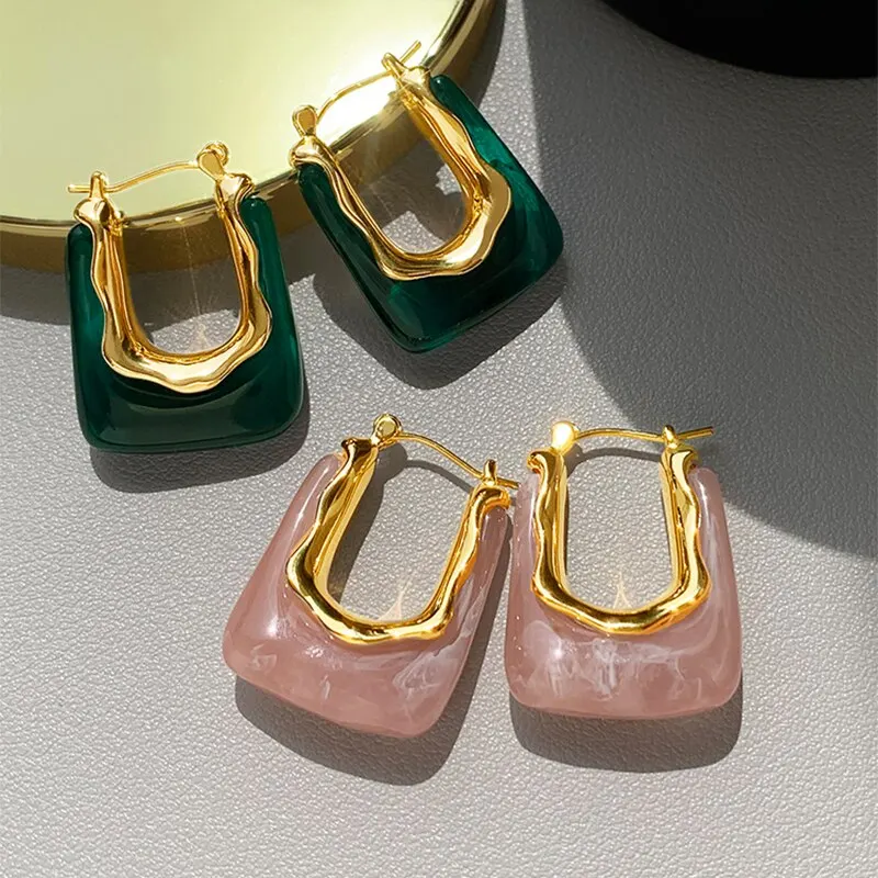 Green Pink Transparent Resin Earrings - Geometric Irregular Stud Earring