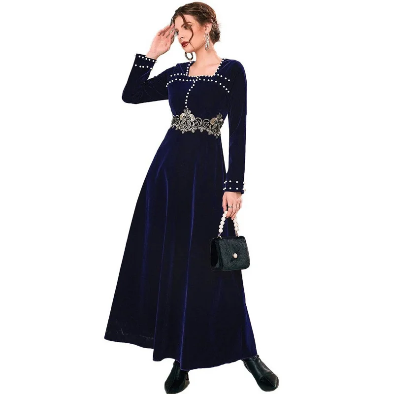 Moroccan Dress Kaftan For Wedding 2023 Autumn Winter Turkish Dubai Women's Elegant Square Neck Beaded Dress Women Clothing