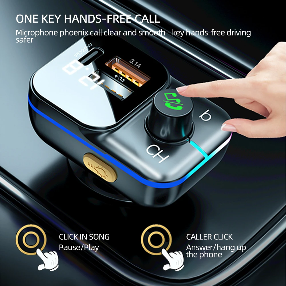 PD 25W Car Charger Dual USB FM Transmitter Bluetooth Adapter Wireless  Handsfree Stereo Mp3 Player Colorful Lights FM Modulator