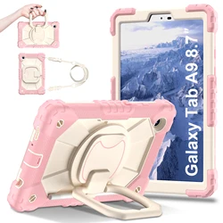 Rotating Heavy Duty Tablet Case with Anti - Slip Armor, Handle Grip, and Neck Strap - A9 SM - X110 X115 X117 (Rose Gold)