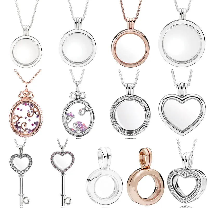 

Sparkling Heart Large Key Round Regal Pattern Lockets Floating Necklace For Fashion 925 Sterling Silver Bead Charm DIY Jewelry