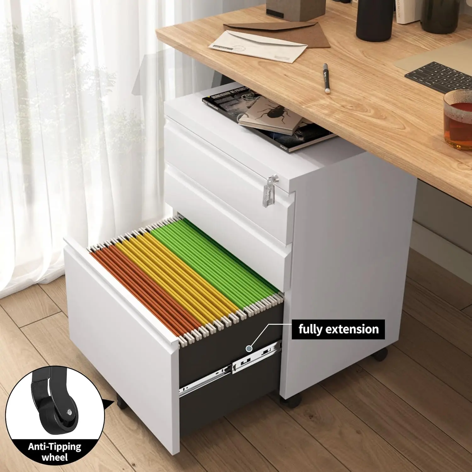 Mobile File Cabinet for Home Office, Lockable 3 Drawer Filing Cabinet with Wheels  Fully Assembled Except Casters, White