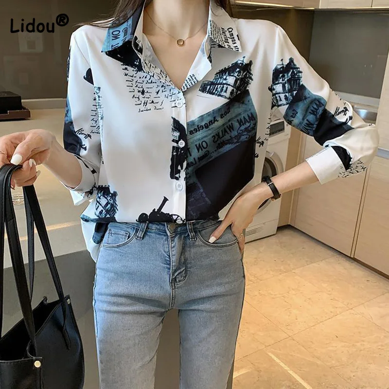 Fashion Women Clothing 2022 Spring Autumn Polo-Neck Retro Hong Kong Flavor Letter Print Long Sleeve Casual Button Chiffon Shirt christmas pullovers men s thickened o neck sweater new winter hong kong vintage fashion casual loose contrast christmas sweaters