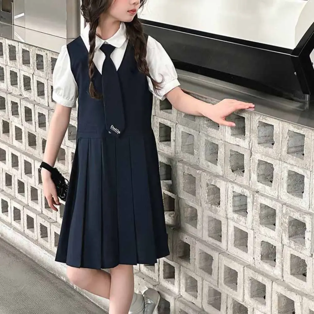 Fashion Pleated Fake Two Dress Preppy Style Teenagers Summer Girls Dresses Skirts Short Sleeve Children A-line Dress Students