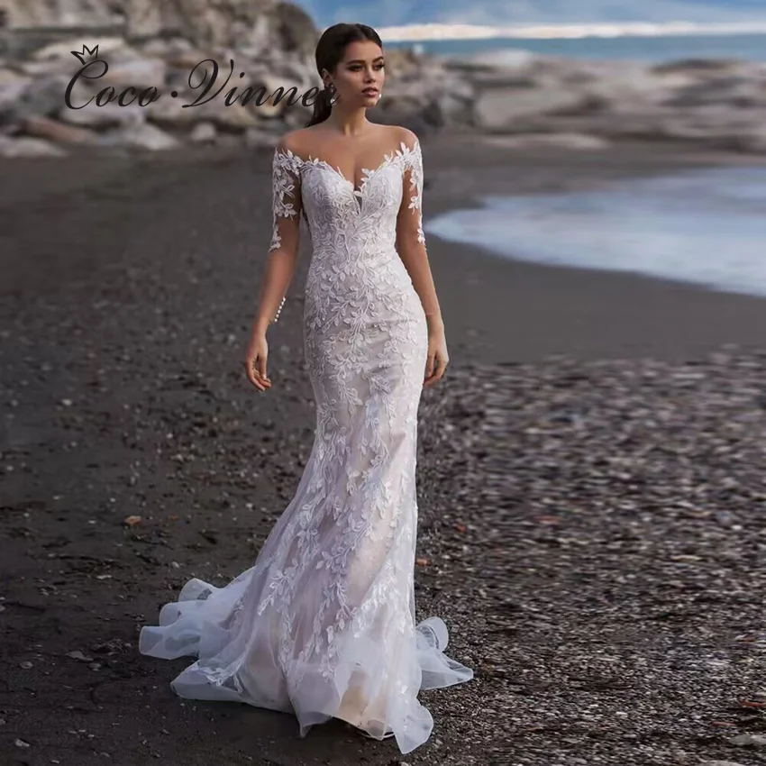 Customized Long Sleeves Europe Elegant Mermaid Wedding Dress With Pretty  Lace Appliques Illusion Back Bridal Dresses W1251 - AliExpress 320