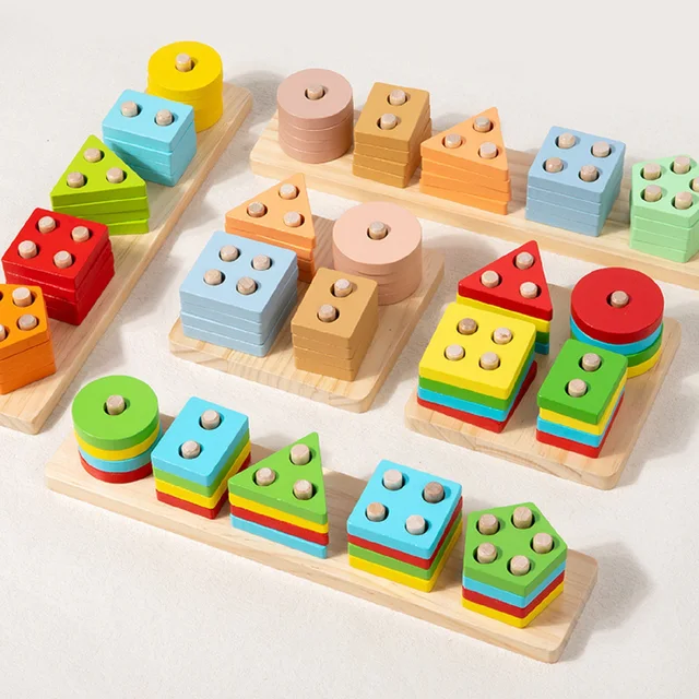 Wooden set of post building blocks baby fine motor toddler early education geometric shape matching color cognition classificati 1