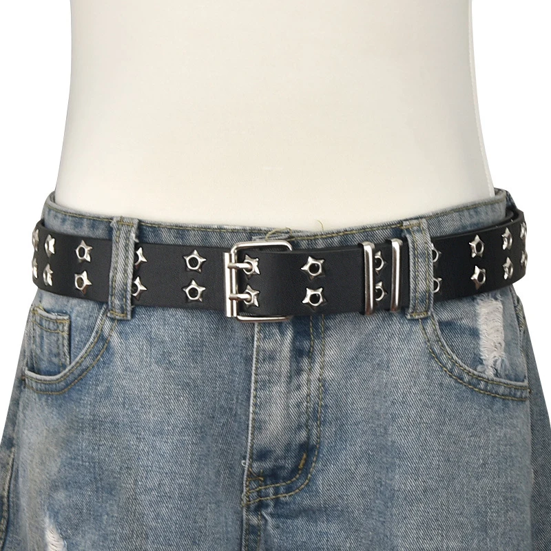 

y2k Women Star Eye Rivet Belt Double Row Hole Belt Punk Waist Strap Hollow Out PU Leather Jeans Decorative Fashion Waistband