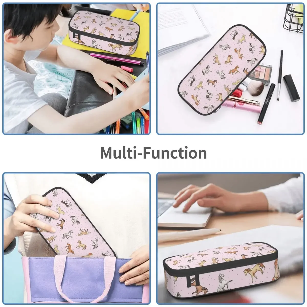 벚꽃 무늬에 말 그림이 있는 필통, 남아 여아 선물용 펜 케이스, 연필 가방, 문구 용품, 펜 홀더 가방