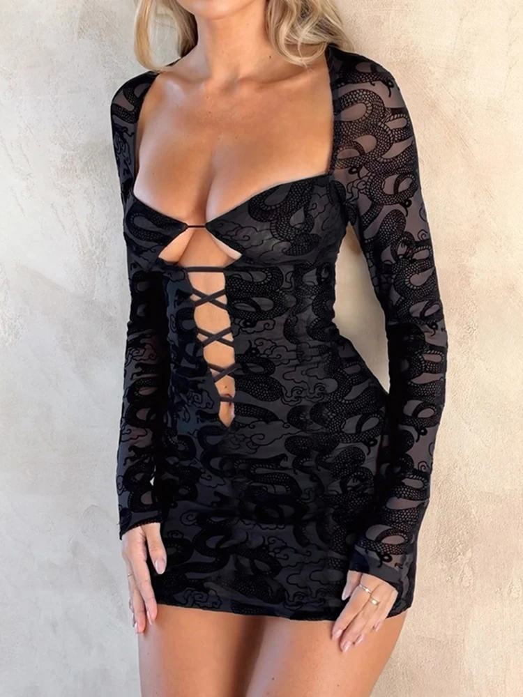 

Black Hollow Out Floral Print Lace Dress Women V Neck Long Sleeve Backless Elegant Lace-up Mini Dresses Sexy Clubwear Fall New