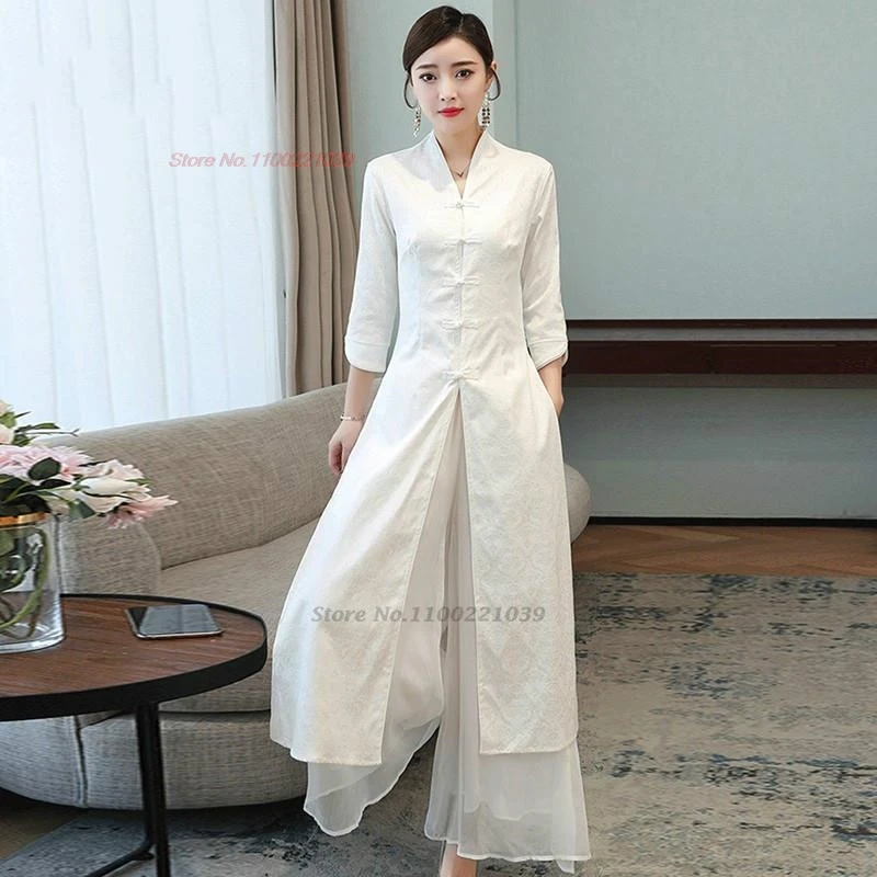 

2024 chinese vintage hanfu dress+pants set oriental flower embroidery vintage cheongsam dress oriental meditation dance suit