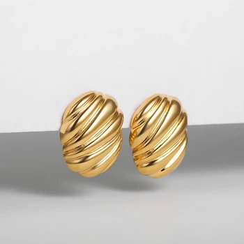 Vintage Stainless Steel Round Oval Chunky Stud Earrings for Women Polished Gold Plated Striped texture Statement JewelryGifts