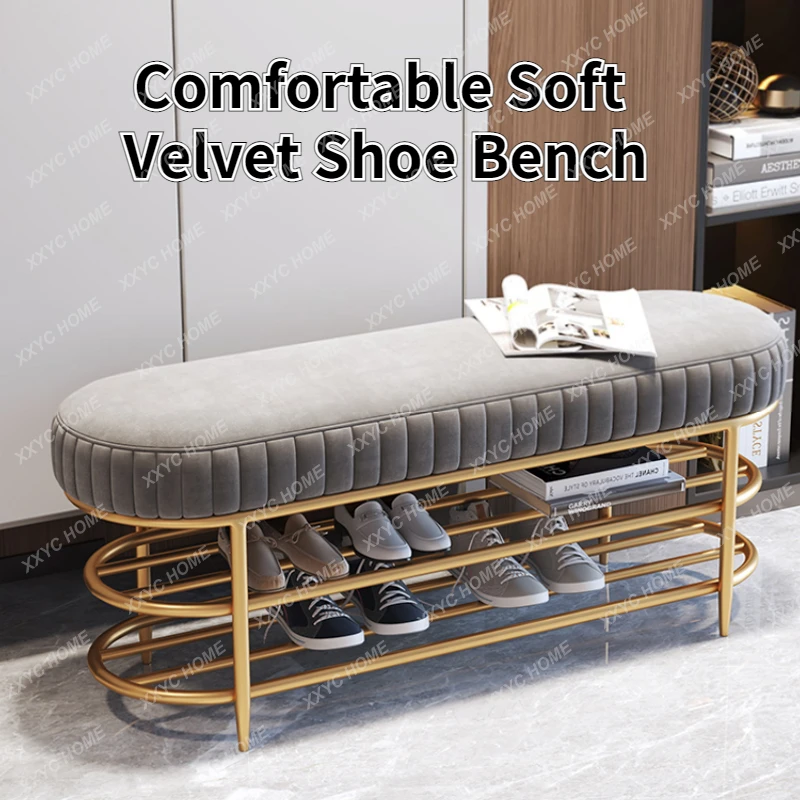 

Nordic Metal Iron Velvet Shoes Bench Storage Entrance Household Shoe Rack with Comfortable Cushion Creative Shoes-Wearing Bench