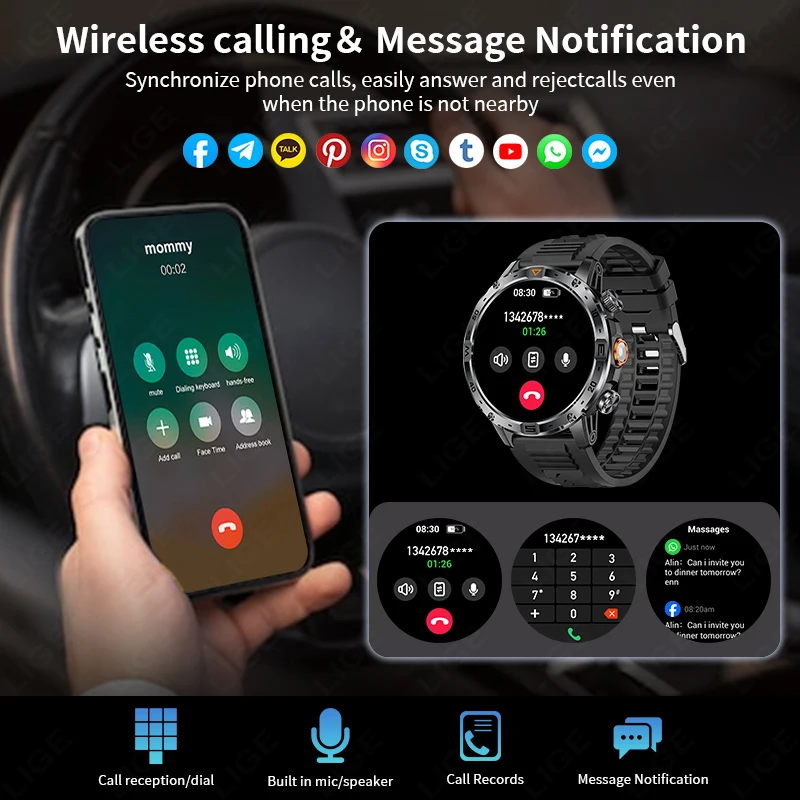 LIGE New 1000mAh Long Battery Smartwatches Compass LED Flashlight Smart Watch Men BT Call Smartwatch Waterproof Sports Watch Man