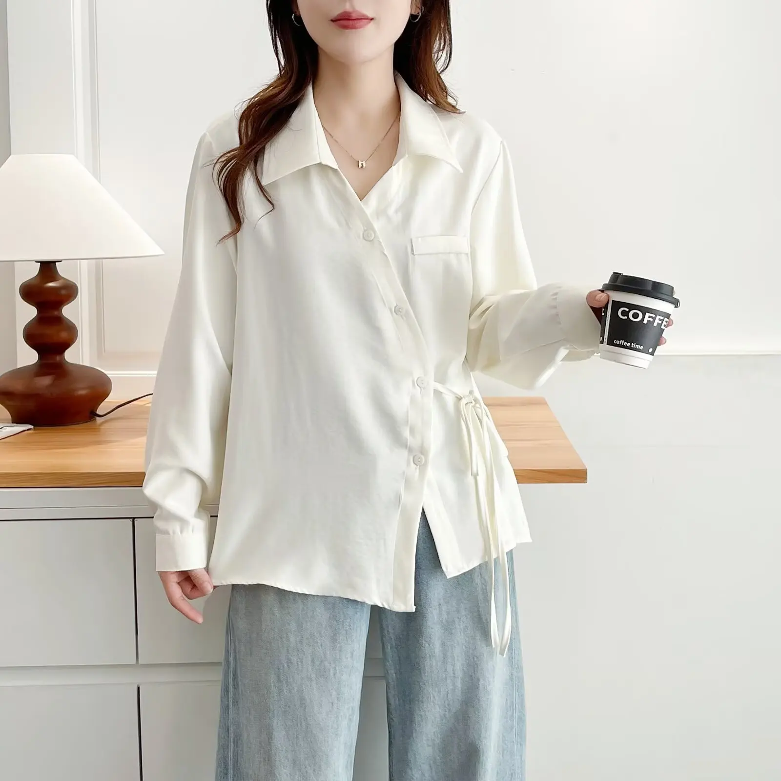 Fashion Plus Size Women's Blouses Autumn New Style V-Neck Tie Irregular Front Lapel Shirt Casual Top 038