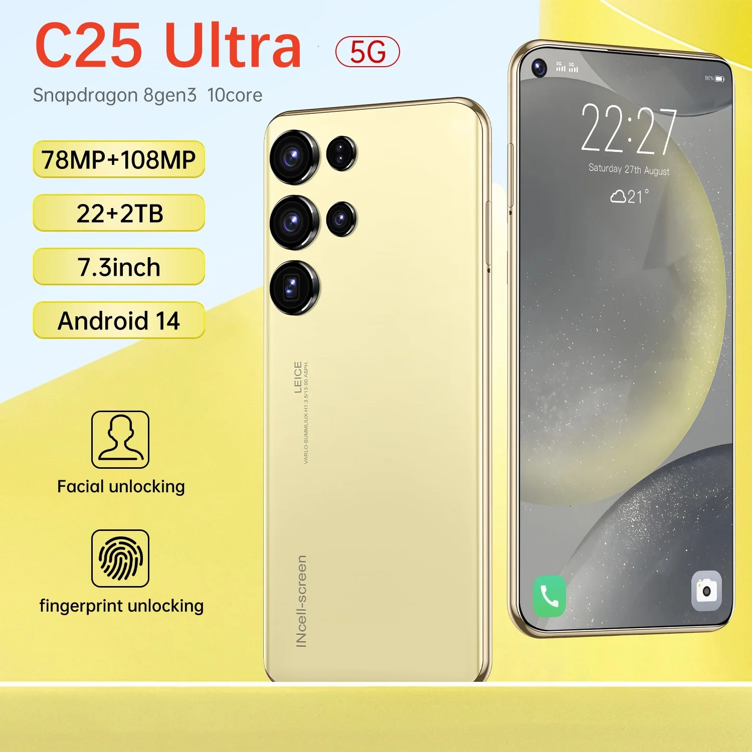 C25ウルトラスマートフォンHDスクリーン新型オリジナル携帯電話22G+2T