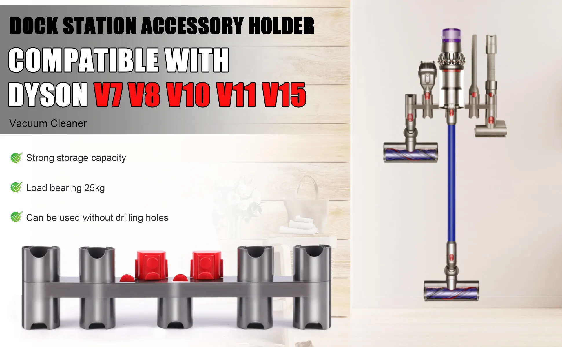 Nine-hole Accessory Holder For Dyson V7 V8 V10 V11 V15, Vacuum Parts Holder Can Connect Charger Hanger, With Expansion Screws