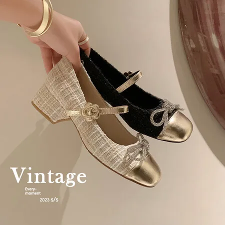 Genuine Leather Rhinestone Buckle with Thick Heels, Mary Jane Shoes, New Wedding Shoes 2024, Women's Head and Middle Heel Shoes