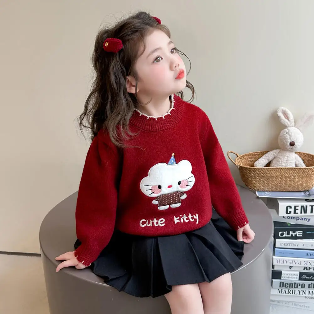 Sanrio 헬로 키티 소녀 봄 가을 스웨터 키즈 풀오버 따뜻한 바닥 셔츠 긴 소..