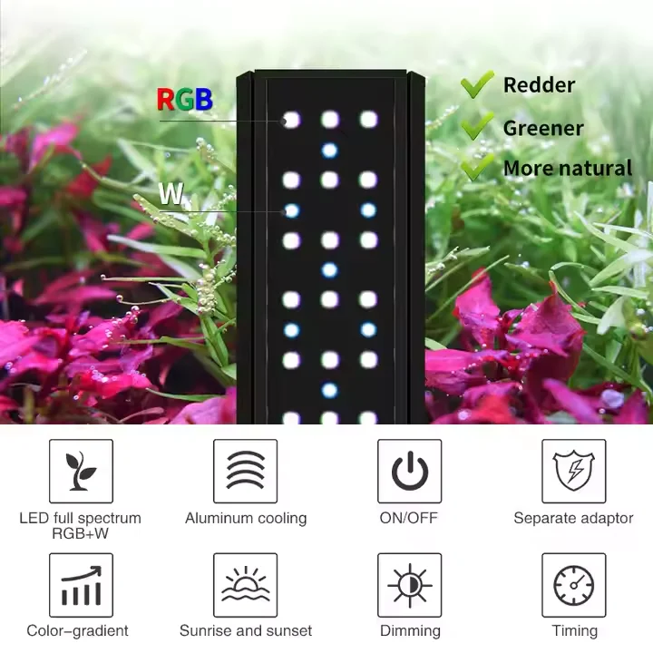Lámpara LED para Acuario WEEK AQUA Serie V, Control por Botones, Espectro Completo, Soporte de Montaje para Acuarios Plantados de 30-140cm