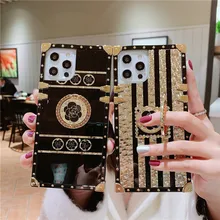 

RYWER Bling Golden Luxury Square Flower Ring buckle support Phone Case For iPhone 12 13 11 Pro X XR XS Max 7 8 Plus soft cover