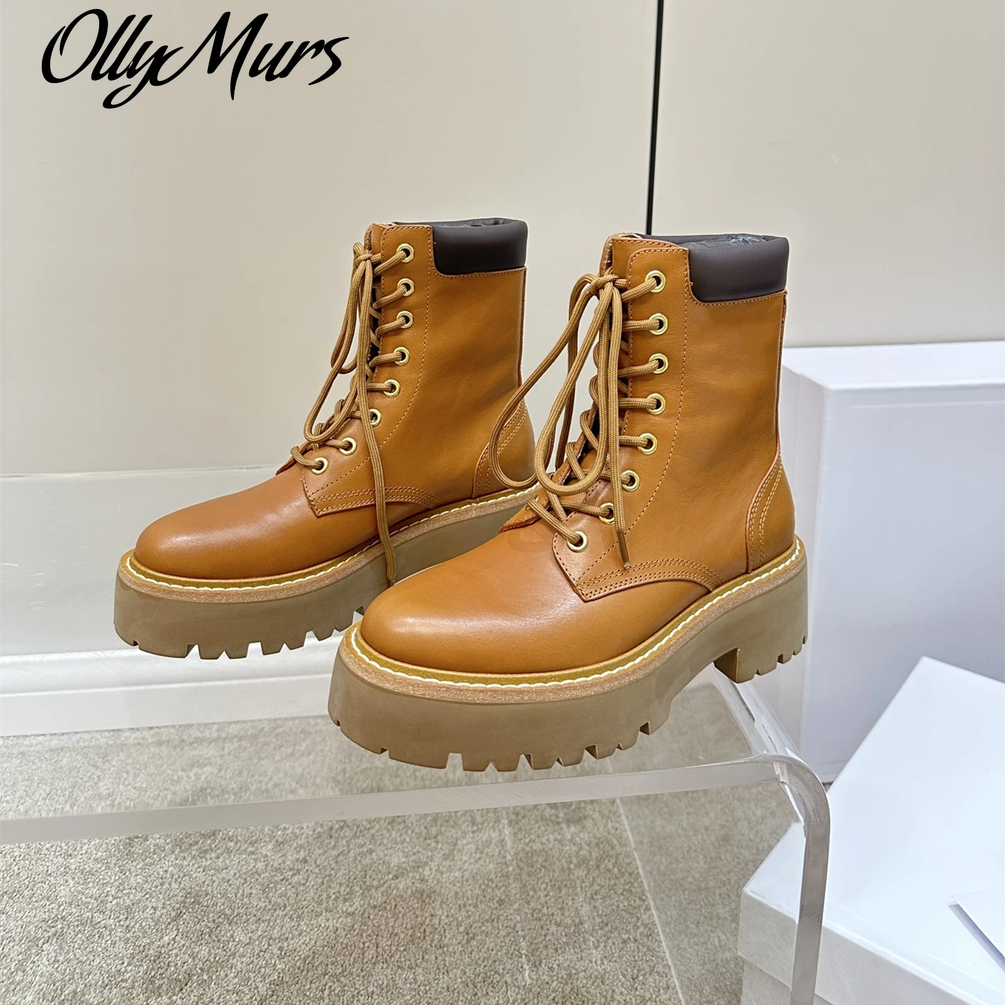 

Genuine Leather Boots Med Heels Ankle Boots Flat Platform Designer Shoes Women Round Toe Lace Up Zapatillas Mujer