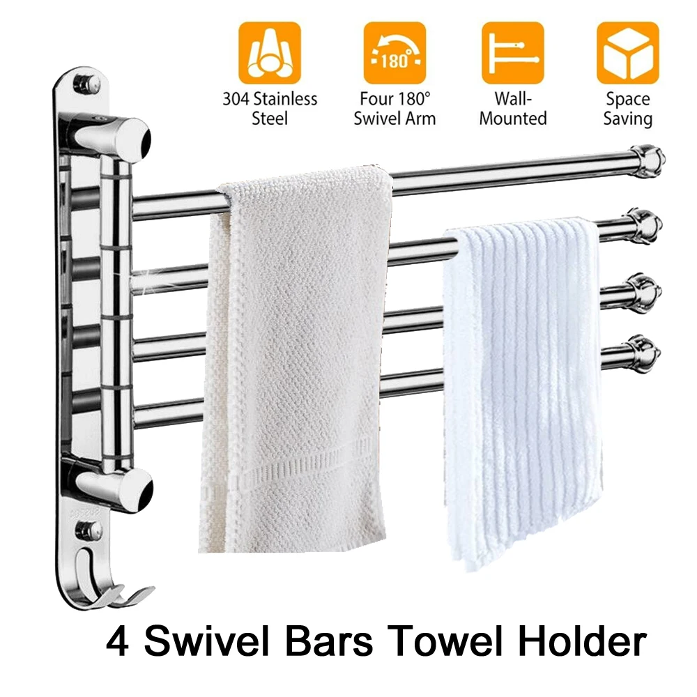 Bathroom Towel Rail Rack Holder 4 Swivel Bar Wall Hanger Shelf Stainless Steel