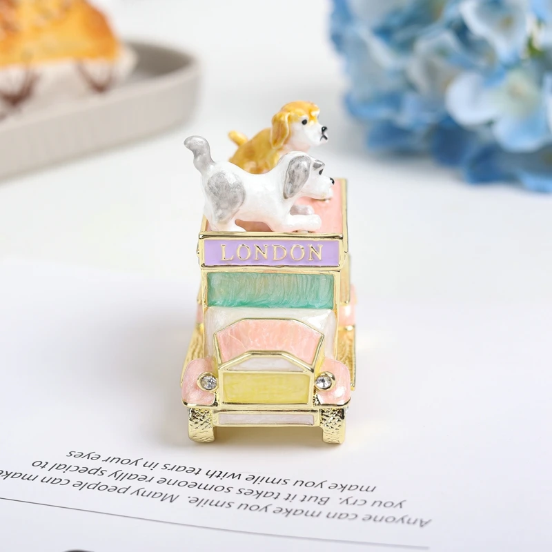 SHINNYGIFTS New Christmas Gifts London Dogs on the truck Enamel Metal Trinket Box Jewelry Gift Box 5