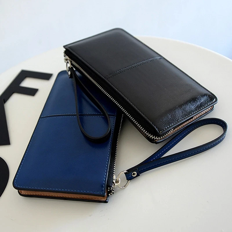 Women's Vintage Oil Wax Leather Zipper Clutch Wallet Female Large Capacity Coin Purse Ladies Wristband Simple Card Holder Wallet 2