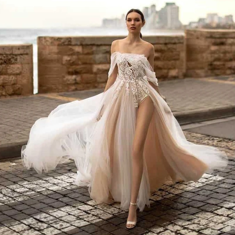 

Gorgeous Off-The-Shoulder Wedding Dresses Sexy High Slit Bridal Gown Floral Appliques Illusion Tulle Tulle Vestidos De Noiva