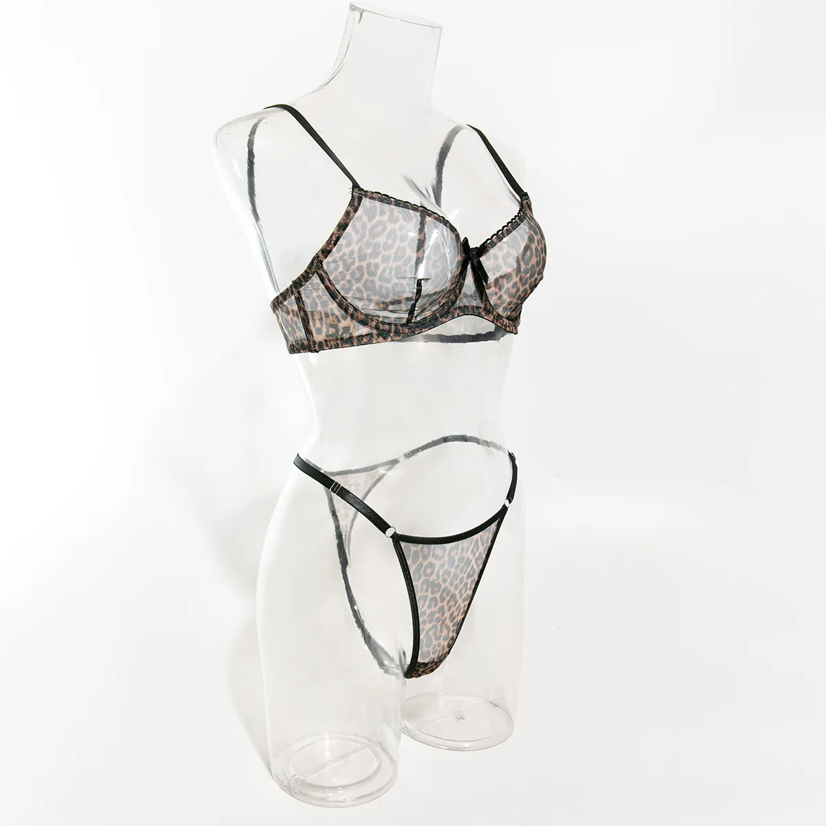 SINGREINY Transparent Mesh Bra Brief Sets Female Strap Sheer Bra+Erotic Thongs Korean Style Leopard Print Sexy Lingerie Sets