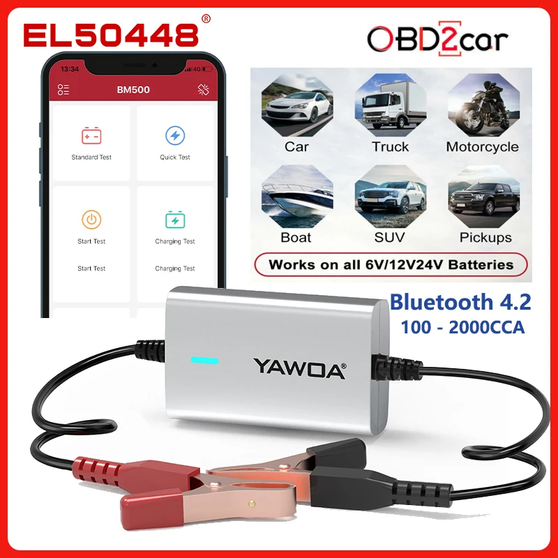 

Car Battery Tester 100-2000CCA Bluetooth 4.2 Connectivity 100-2000CCA 6V/12V/24V BM500 Auto Battery Charging Cranking Analyzer